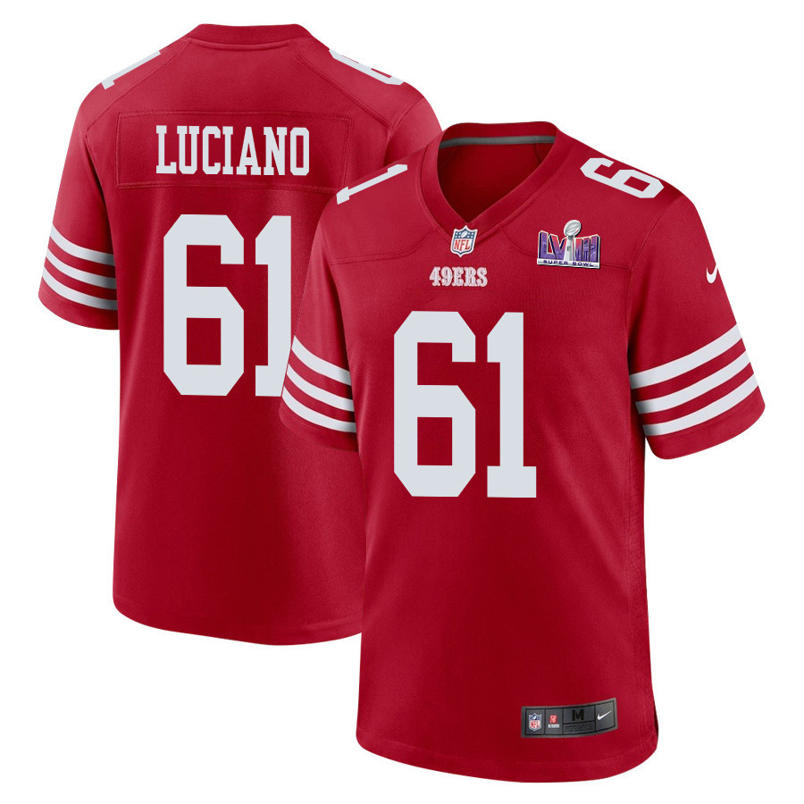 Corey Luciano 61 San Francisco 49ers Super Bowl LVIII Patch Game Men Jersey - Scarlet - JSDV398