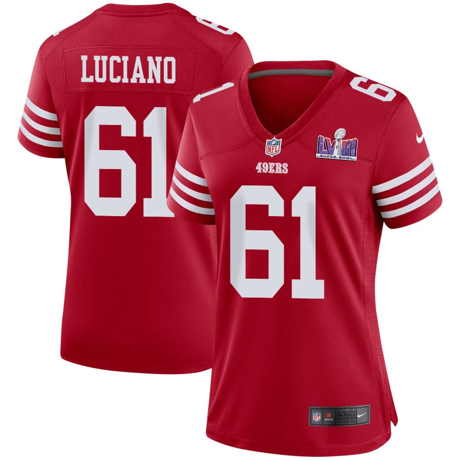 Corey Luciano 61 San Francisco 49ers Super Bowl LVIII Patch Game Women Jersey - Scarlet - JSDV868