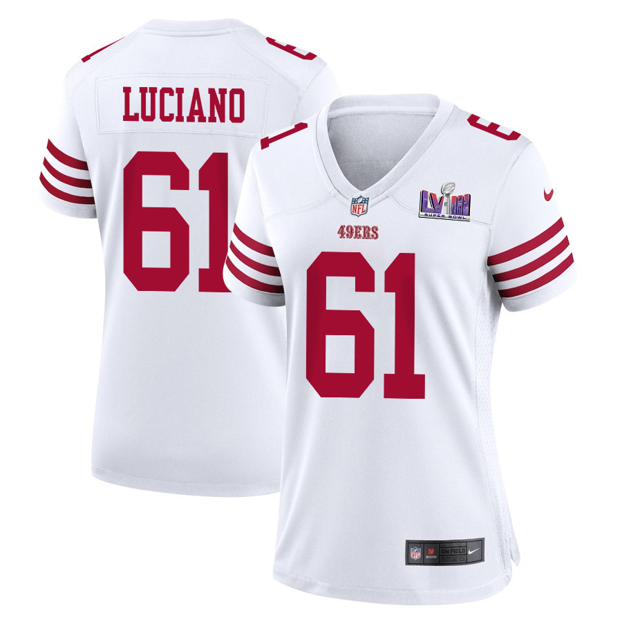 Corey Luciano 61 San Francisco 49ers Super Bowl LVIII Patch Game Women Jersey - White - JSDV256