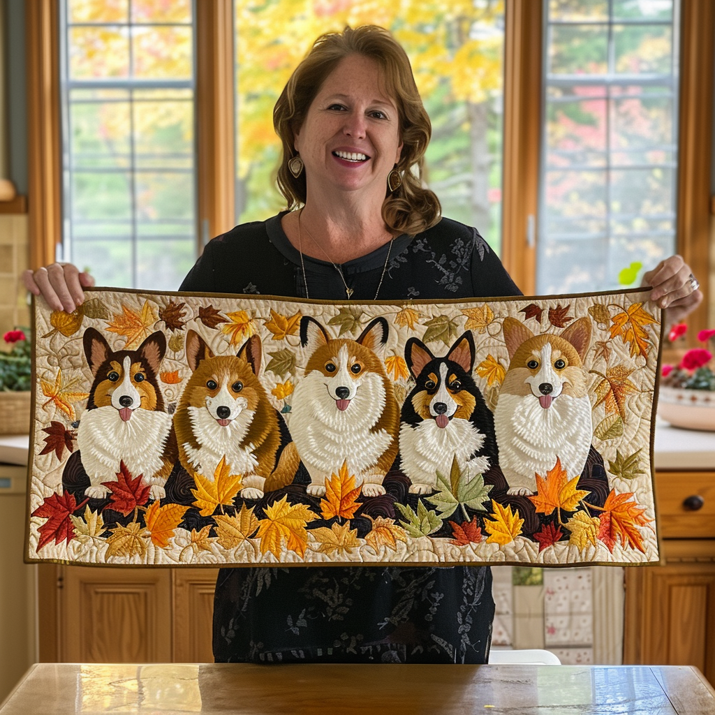 Corgi Autumn Vibe Quilted Table Runner Decorations Stuff Best Gifts For Corgi Lovers
