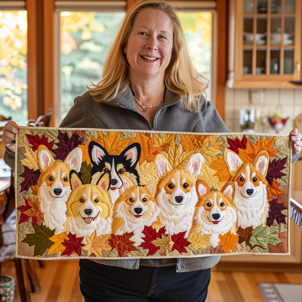 Corgi Dogs And Autumn Leaves Quilted Table Runner Dining Decor Themed Christmas Gfts For Corgie Lovers Onwers