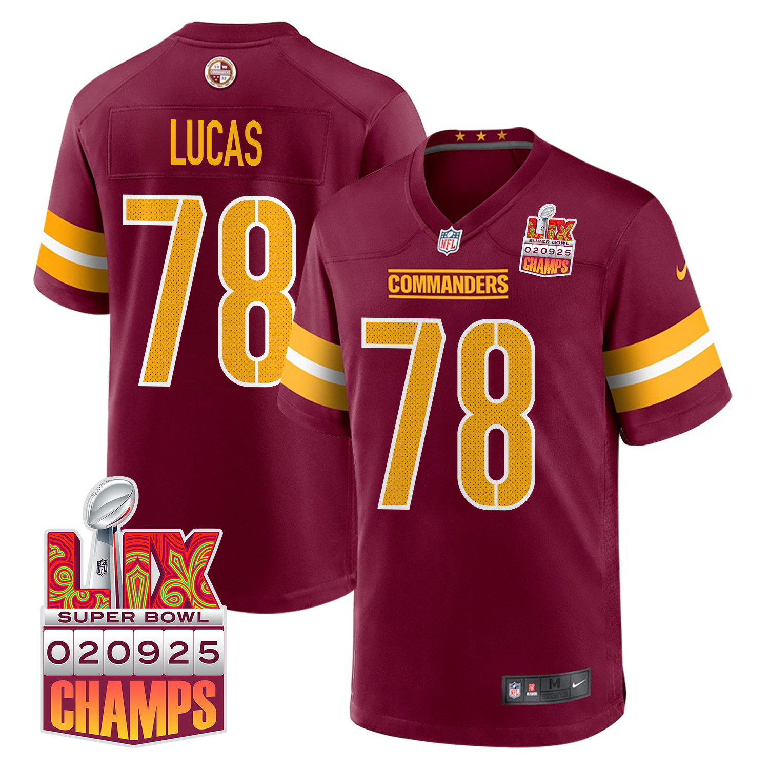 Cornelius Lucas 78 Washington Commanders Super Bowl LIX Champions Patch Game Men Jersey - Burgundy - JS781