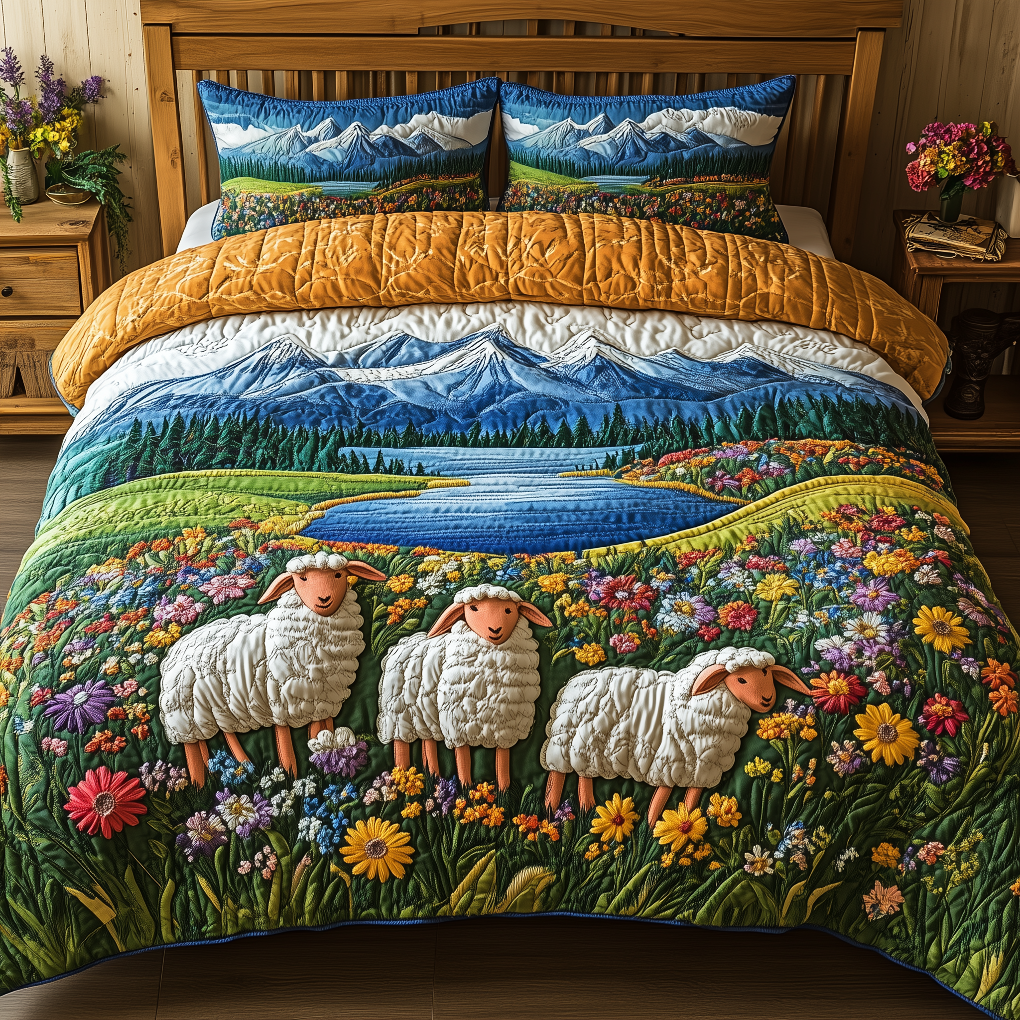 Countryside Sheep Symphony Quilted Bedding Set Duvet Cover Bedspread Set Item
