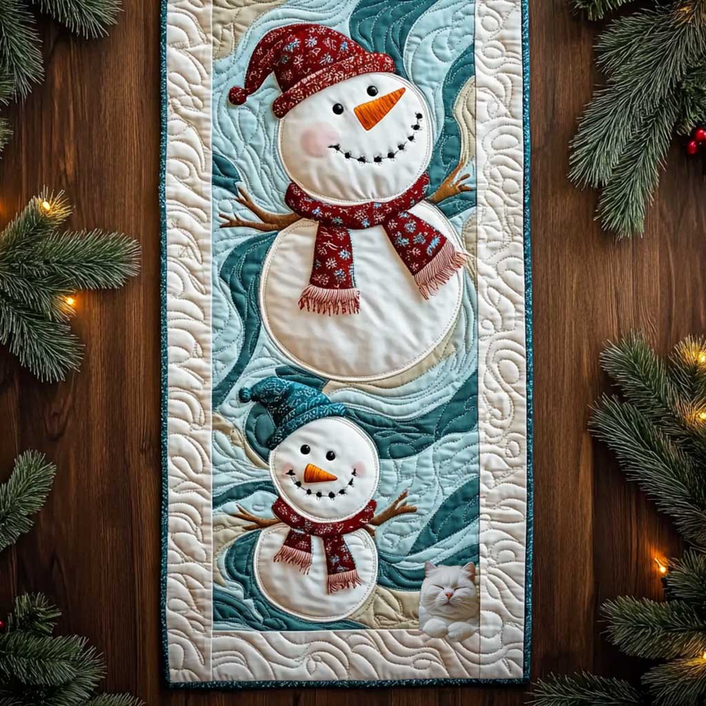 Cozy Snowman Nights Quilted Table Runner Xmas Holiday Christmas Home Indoor Decorations Presents