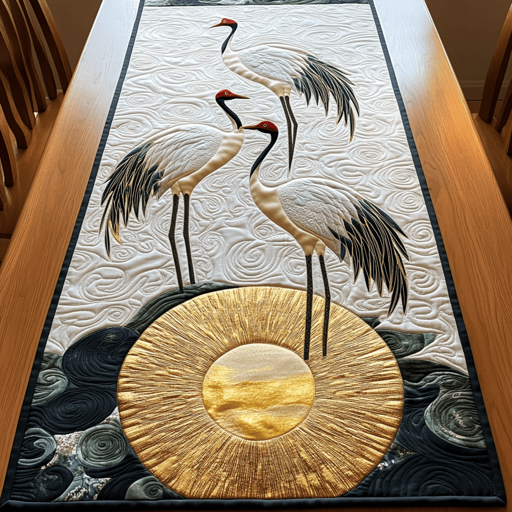 Cranes in Moon Night Quilted Table Runner A Peaceful Night Sky with Cranes Dancing in the Moonlight