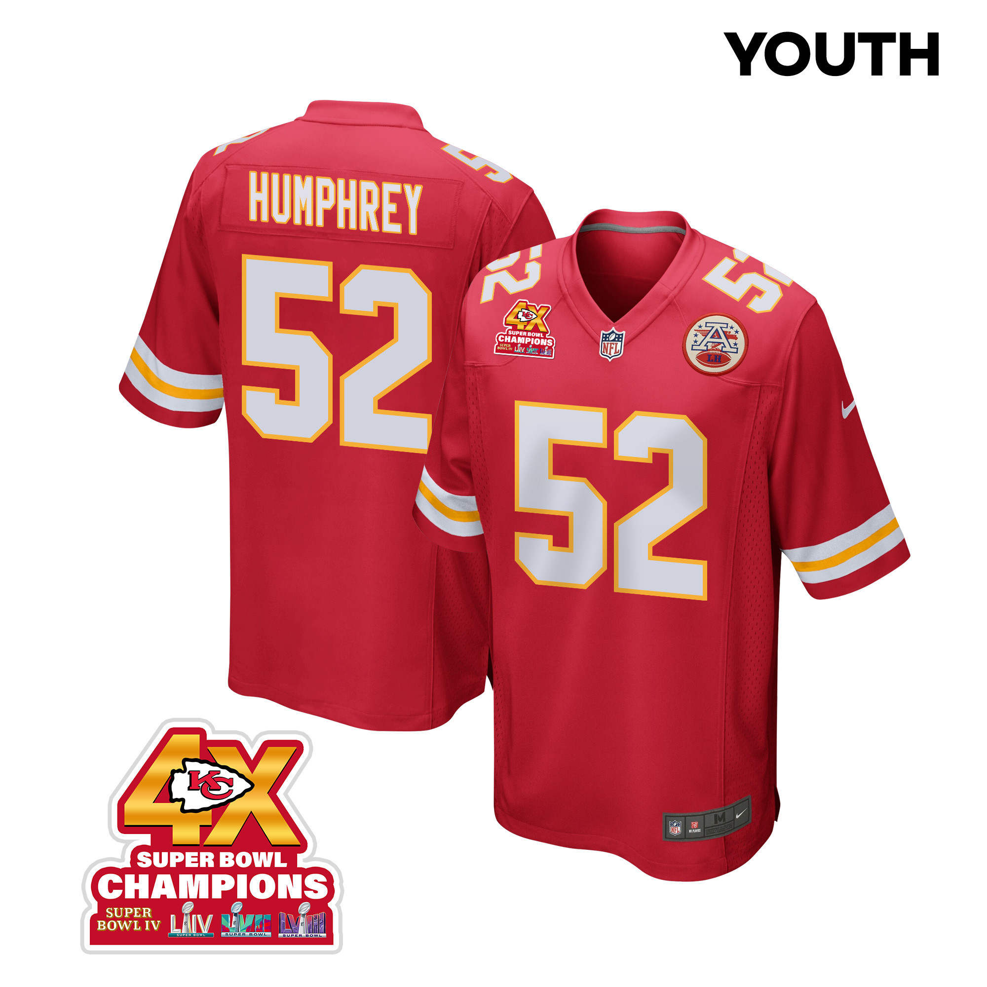 Creed Humphrey 52 Kansas City Chiefs Super Bowl LVIII Champions 4X Game YOUTH Jersey - Red - JSDV991