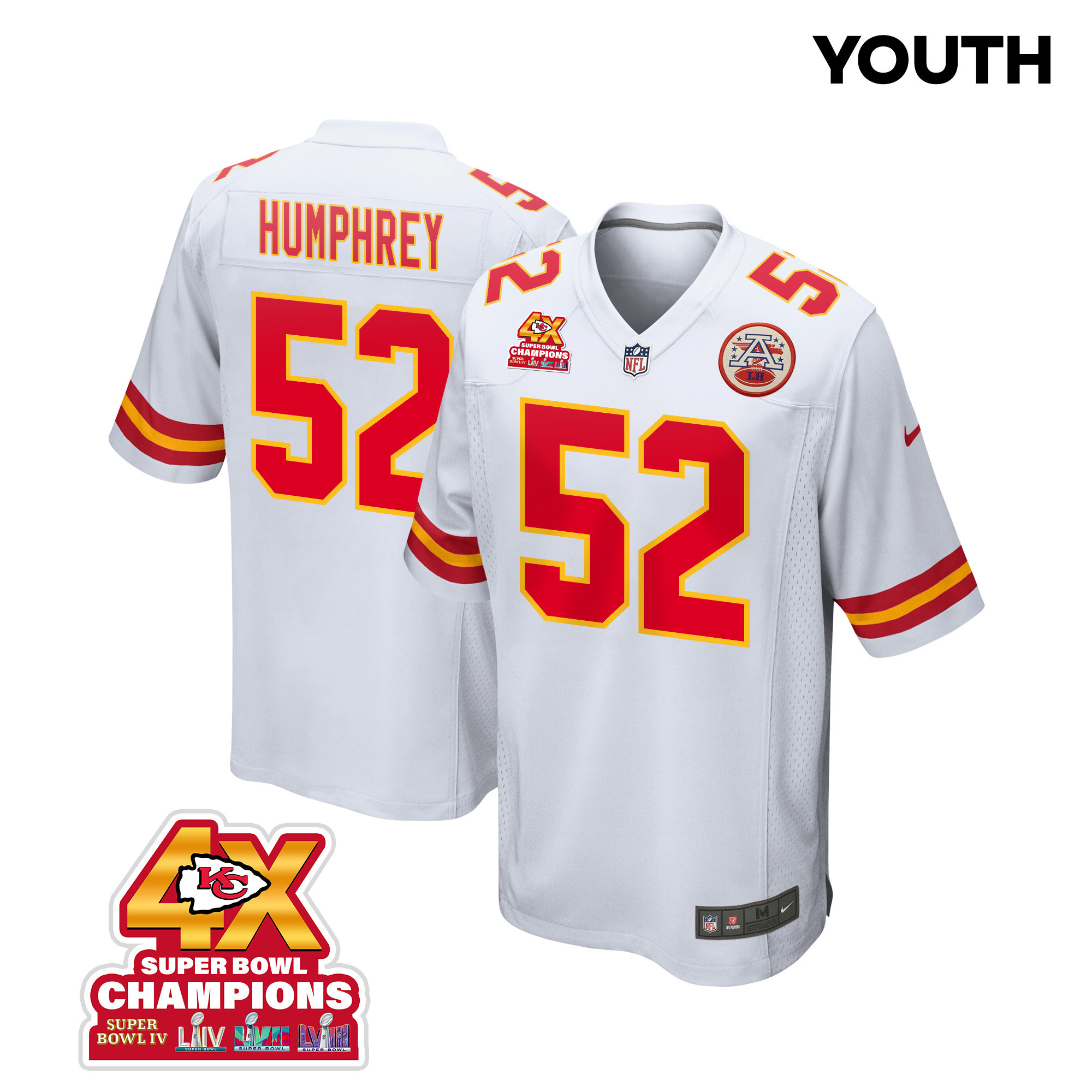 Creed Humphrey 52 Kansas City Chiefs Super Bowl LVIII Champions 4X Game YOUTH Jersey - White - JSDV182