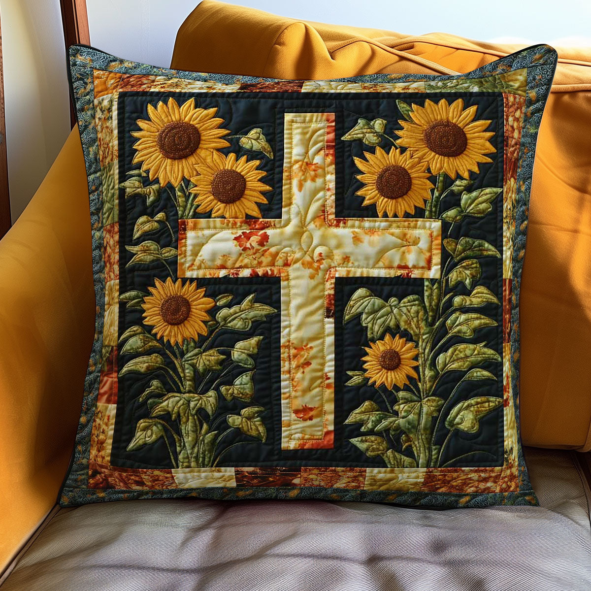 Cross & Sunflowers Quilt Pillow Case Themed Sunflower Christmas Gift Ideas