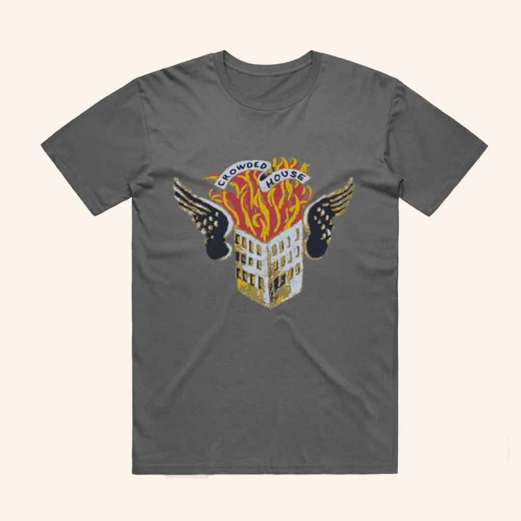 Crowded House Merch Flaming House Charcoal T-Shirt Gift Ideas For Rock Music Lovers