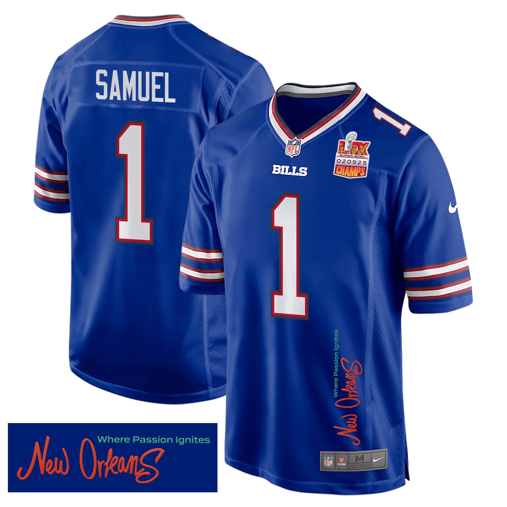 Curtis Samuel 1 Buffalo Bills Super Bowl LIX Champions Patch 'New Orleans - Where Passion Ignites' EMBROIDERED Game Men Jersey - Royal - JS129