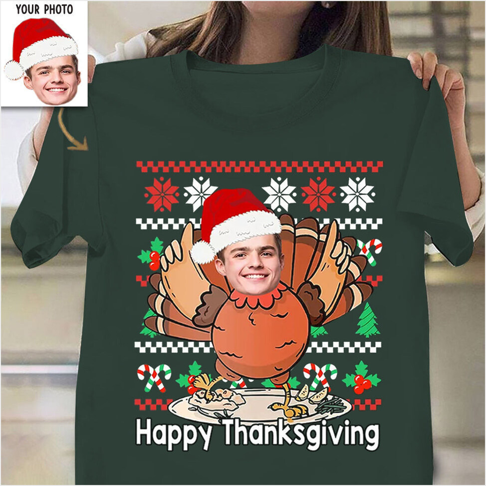 Custom Face Shirt Turkey Happy Thanksgiving T-Shirt Top Male Birthday Gifts For Christmas