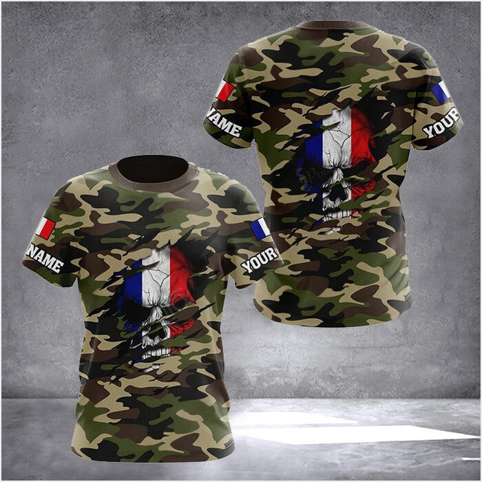 Custom France Flag Skull Camouflage T-Shirt French Male Fashion Birthday Gifts For French