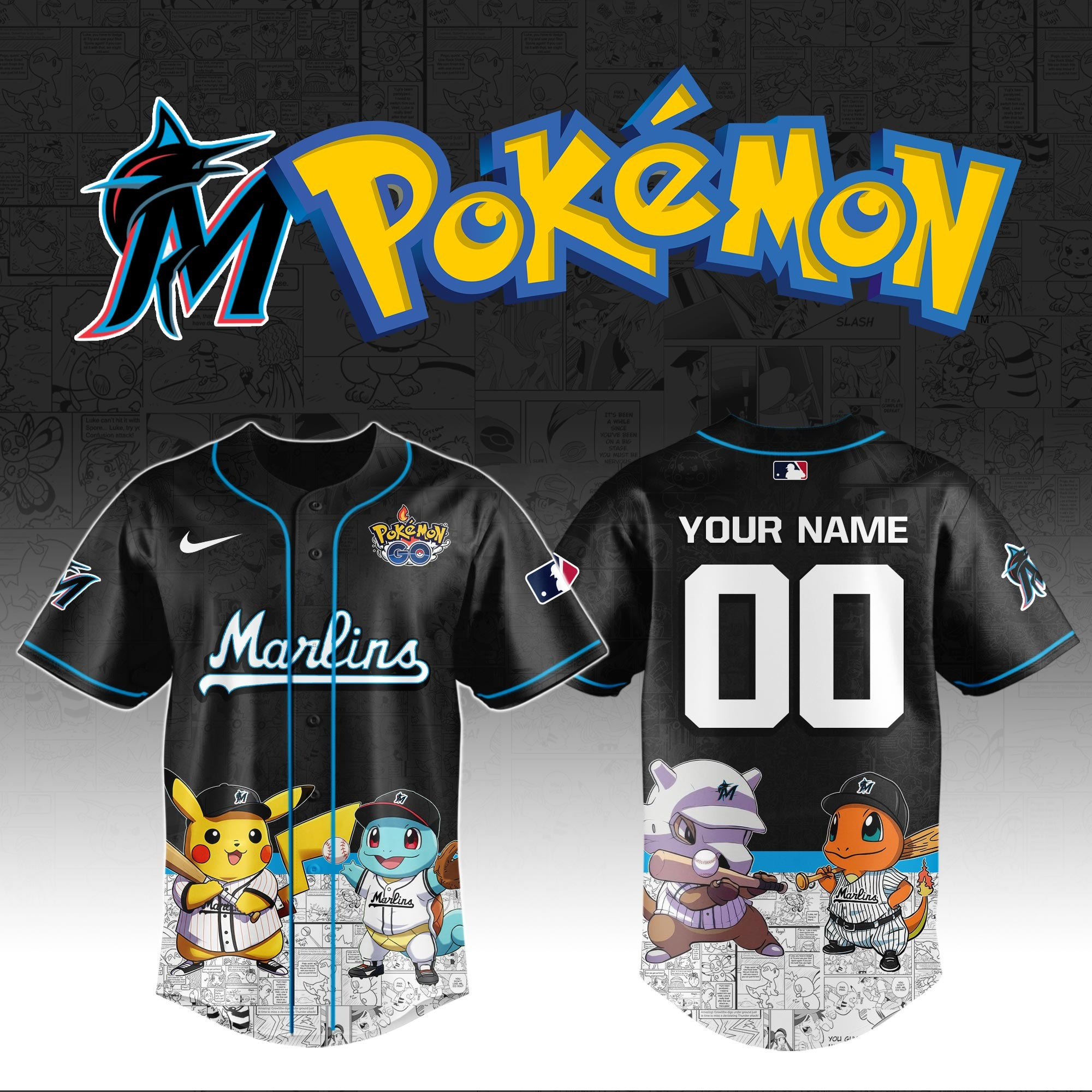 Custom Miami Marlins X PokÃ©mon Go Jersey MLB Merch Gifts For Baseball Fans For Him Her