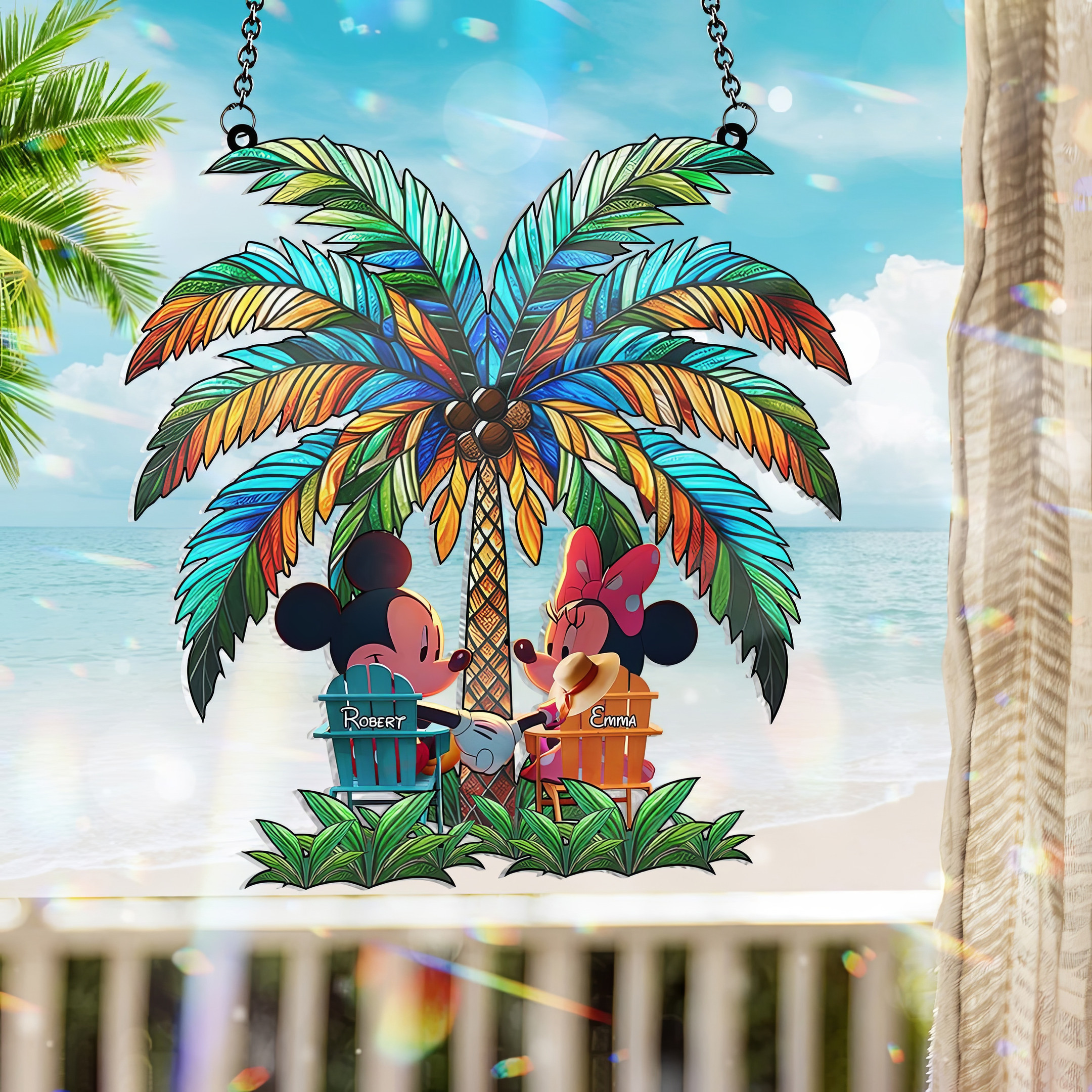 Custom Mickey Mouse Couple Under The Palm Tree Happy Acrylic Window Ornament Gift For Couples