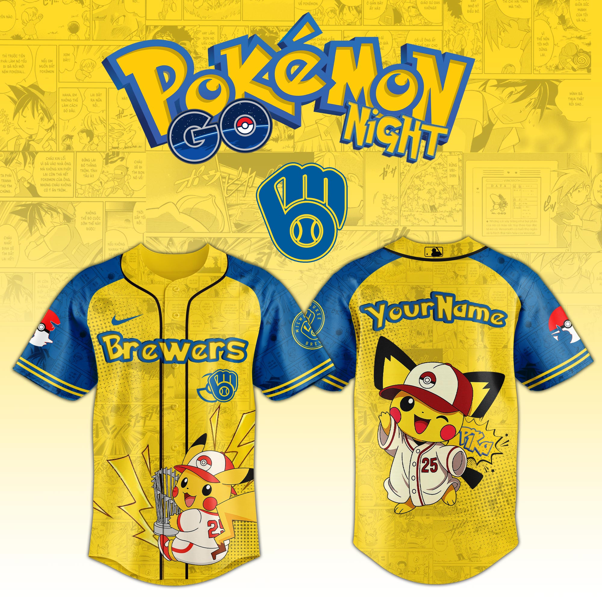 Custom Milwaukee Brewers X Pokemon Go Night 2025 Jersey Baseball Team Gift Ideas