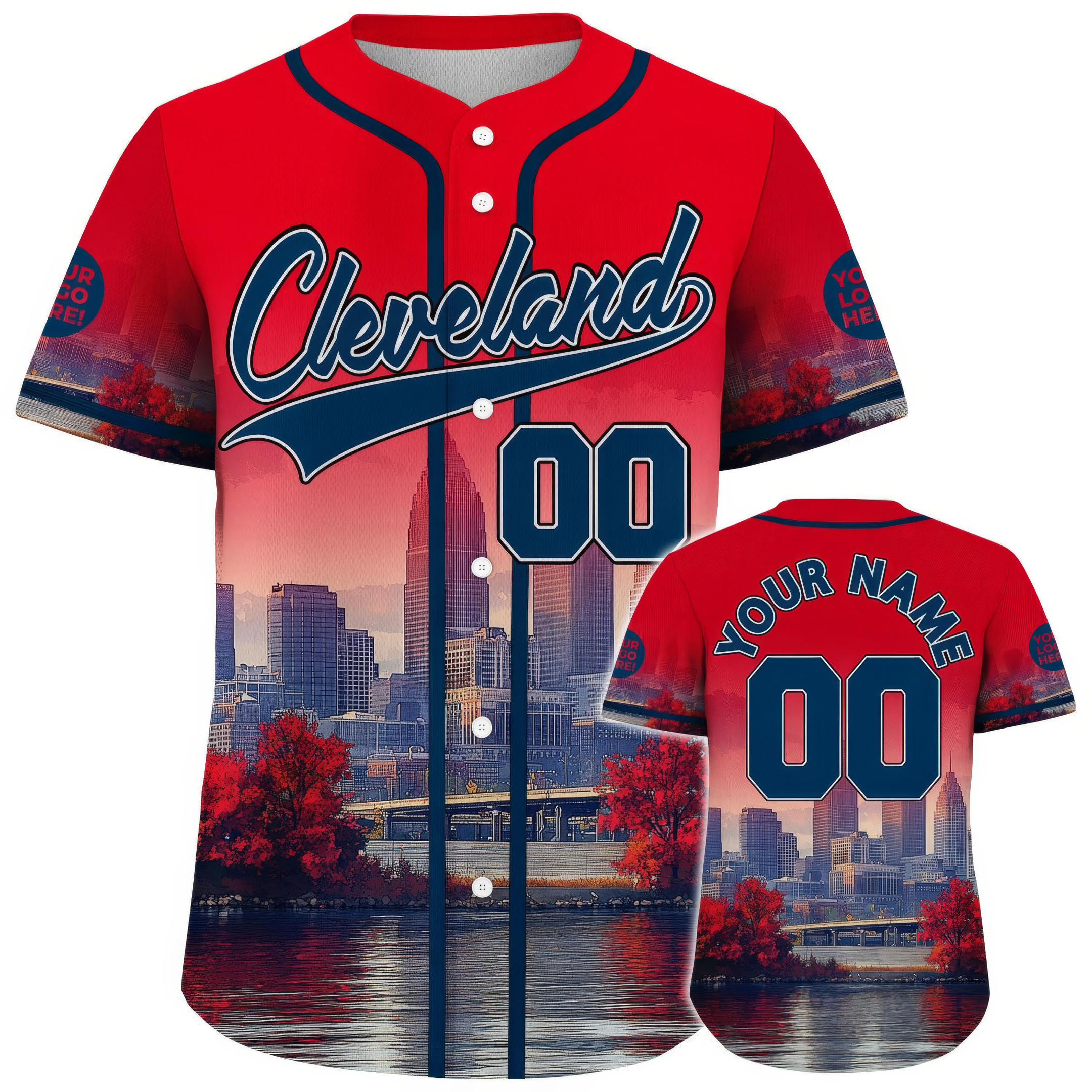 Custom Navy Red Cleveland Ohio Key Tower Cuyahoga River Baseball Jersey Gifts For Men
