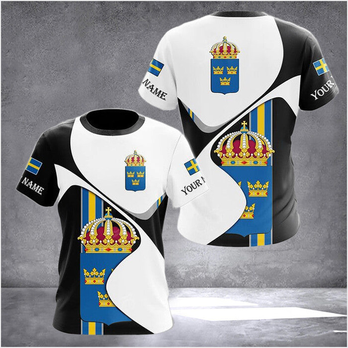 Custom Sweden Coat Of Arms White Wave T-Shirt Gifts For Swedish Friends Gifts For Best Friend
