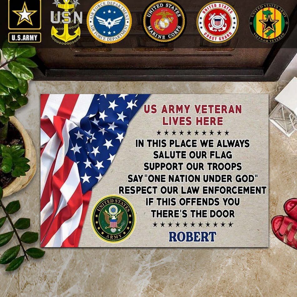 Custom US Army Veteran Doormat In This Place We Always Salute Our Flag Support Our Troops