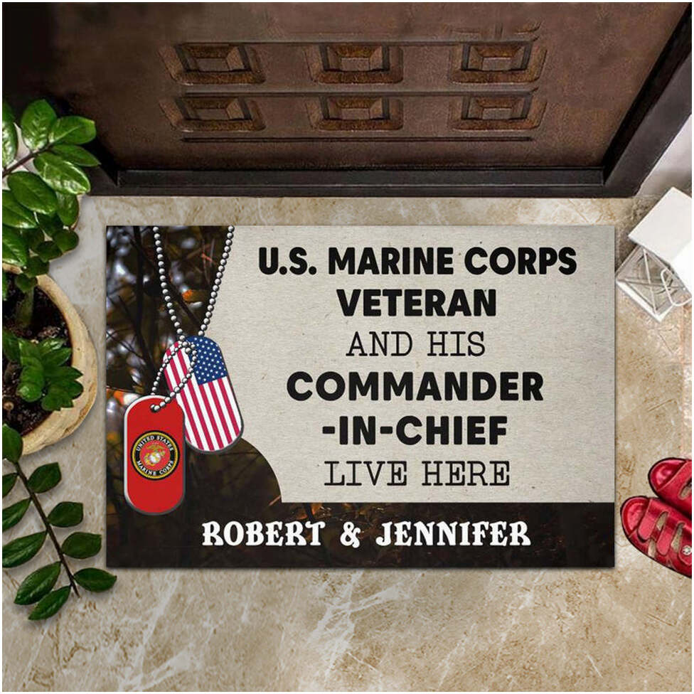 Custom US Marine Corps Veteran And His Commander In Chief Live Here Doormat USMC Veterans Gifts