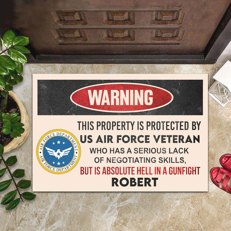Custom Warning This Property Is Protected By US Air Force Veteran Doormat USAF Merchandise