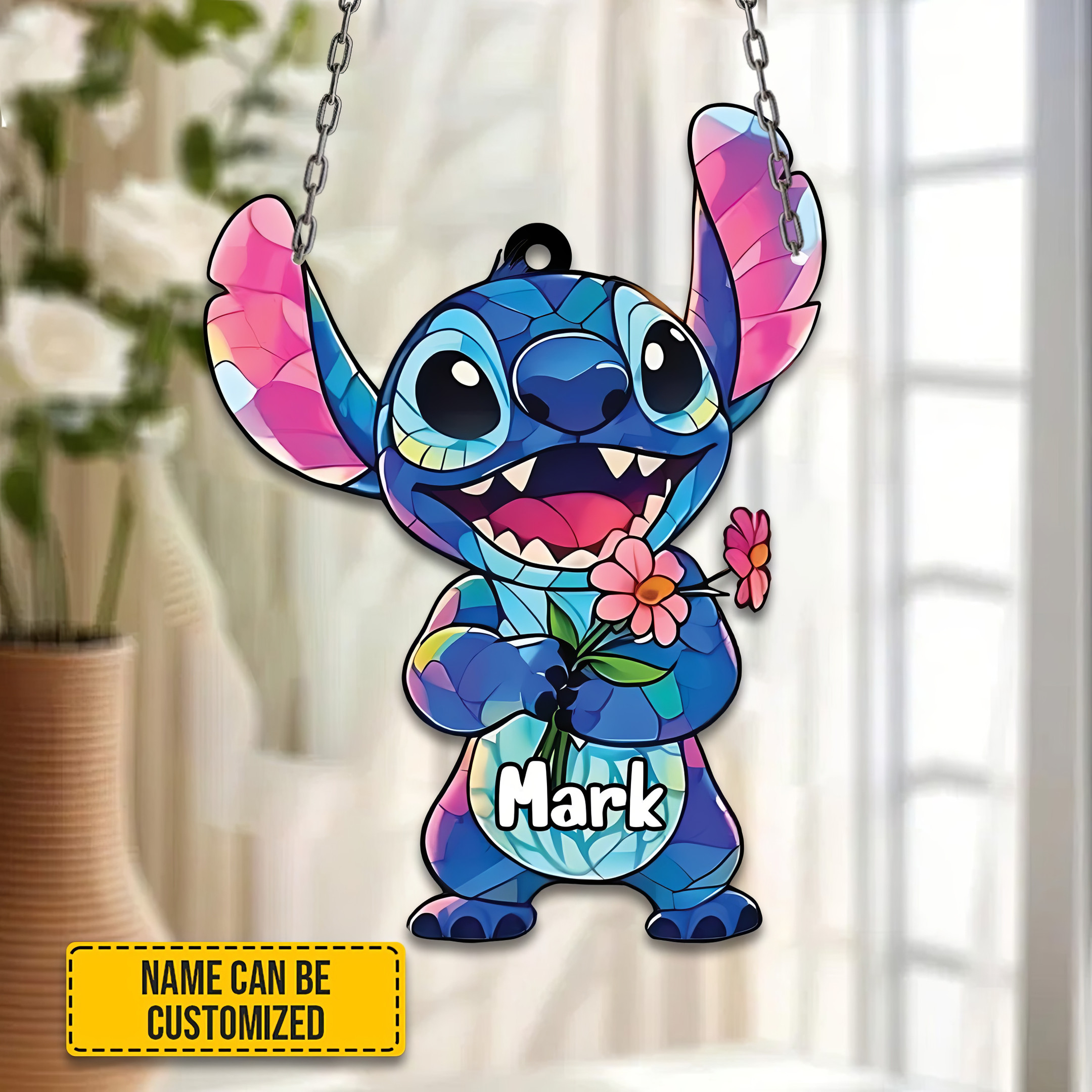 Customized Blue Stitch With Flowers Acrylic Window Ornament Stitch Lovers Gifts