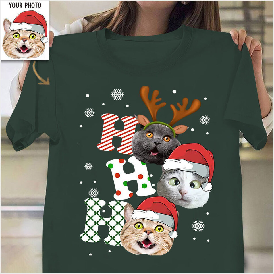 Customized Photo Cat Ho Ho Ho Shirt Merry Christmas T-Shirt Birthday Gifts For Cat Lovers