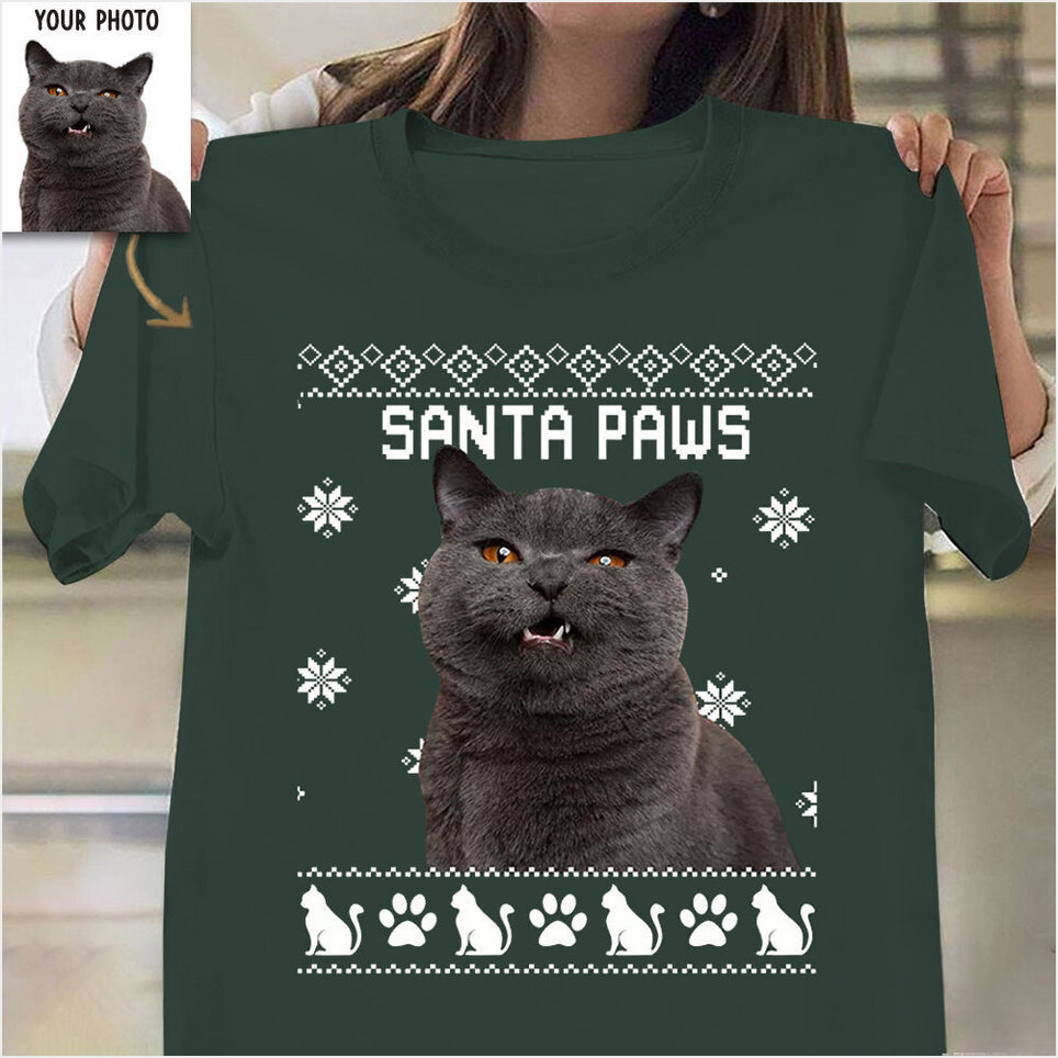 Customized Photo Cat Santa Paws Shirt Merry Xmas T-Shirt Presents For Cat Lovers