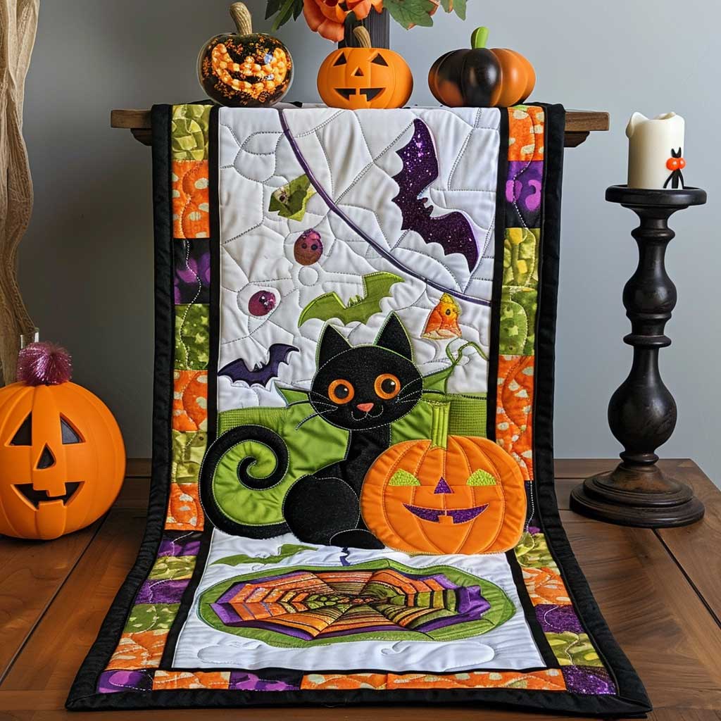 Cute Black Cat And Pumpkin Halloween Quilted Table Runner Best Cat Themed Gifts