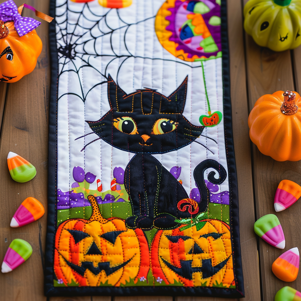 Cute Black Cat Halloween Quilted Table Runner Decorations Items Themed Cat Gifts For Women