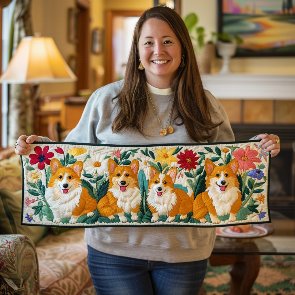 Cute Corgi Quilted Table Runner Dining Decor Themed Christmas Gfts For Corgie Lovers Onwers