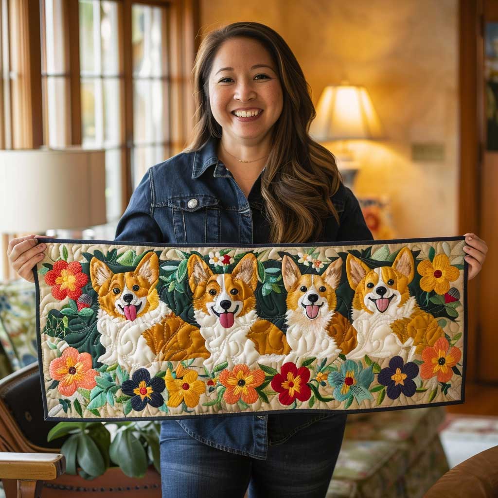 Cute Corgi Quilted Table Runner Dining Home Decor Corgi Christmas Gifts Dog Lovers