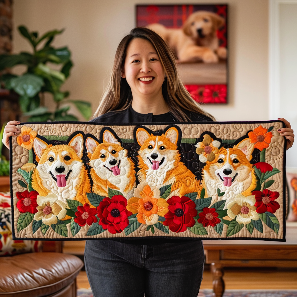 Cute Corgi Quilted Table Runner Dining Home Decor Corgi Christmas Gifts Dog Lovers