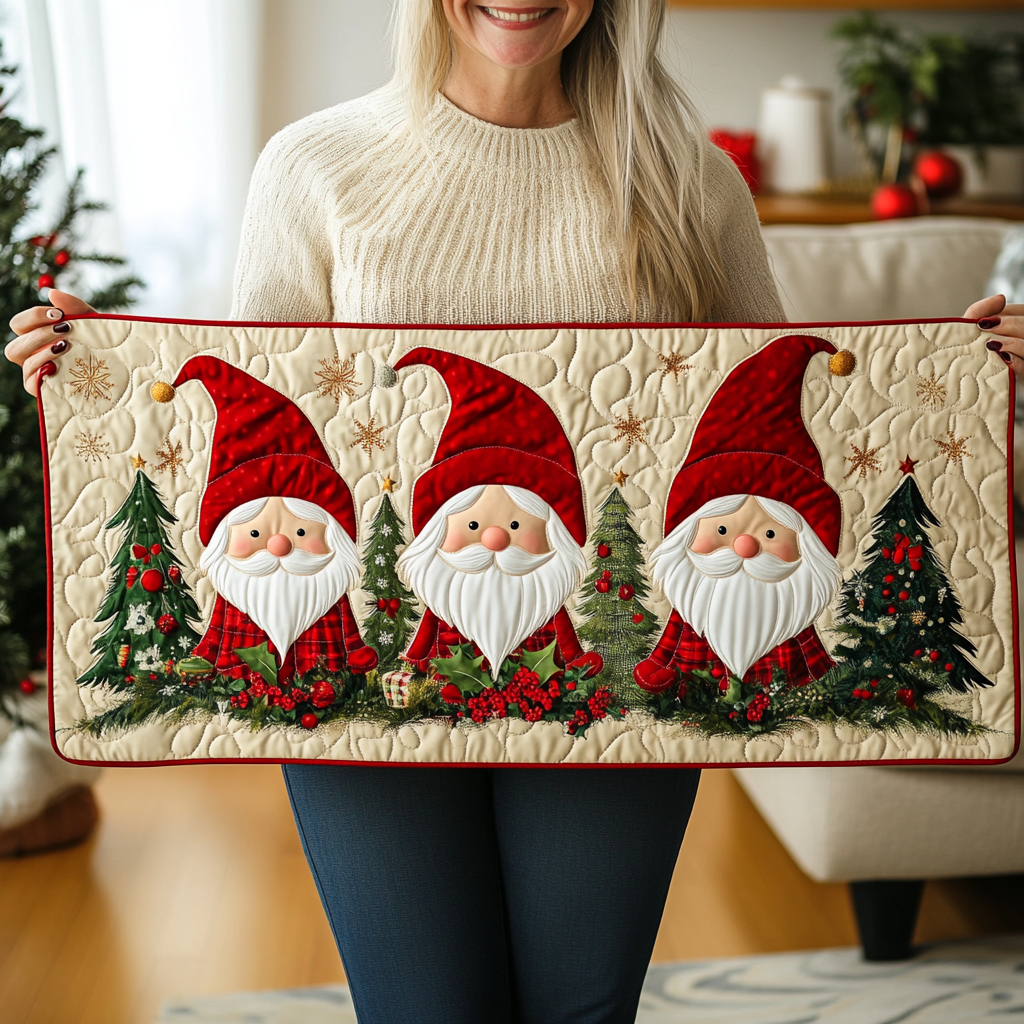 Cute Gnomes Quilted Table Runner Kitchen Indoor Decorations Holiday Christmas Grome Gifts