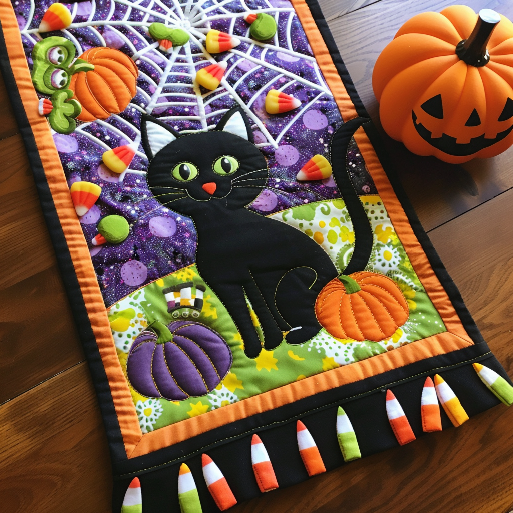 Cute Night Halloween Quilted Table Runner Indoor Home Decoration Gifts For Halloween Lovers