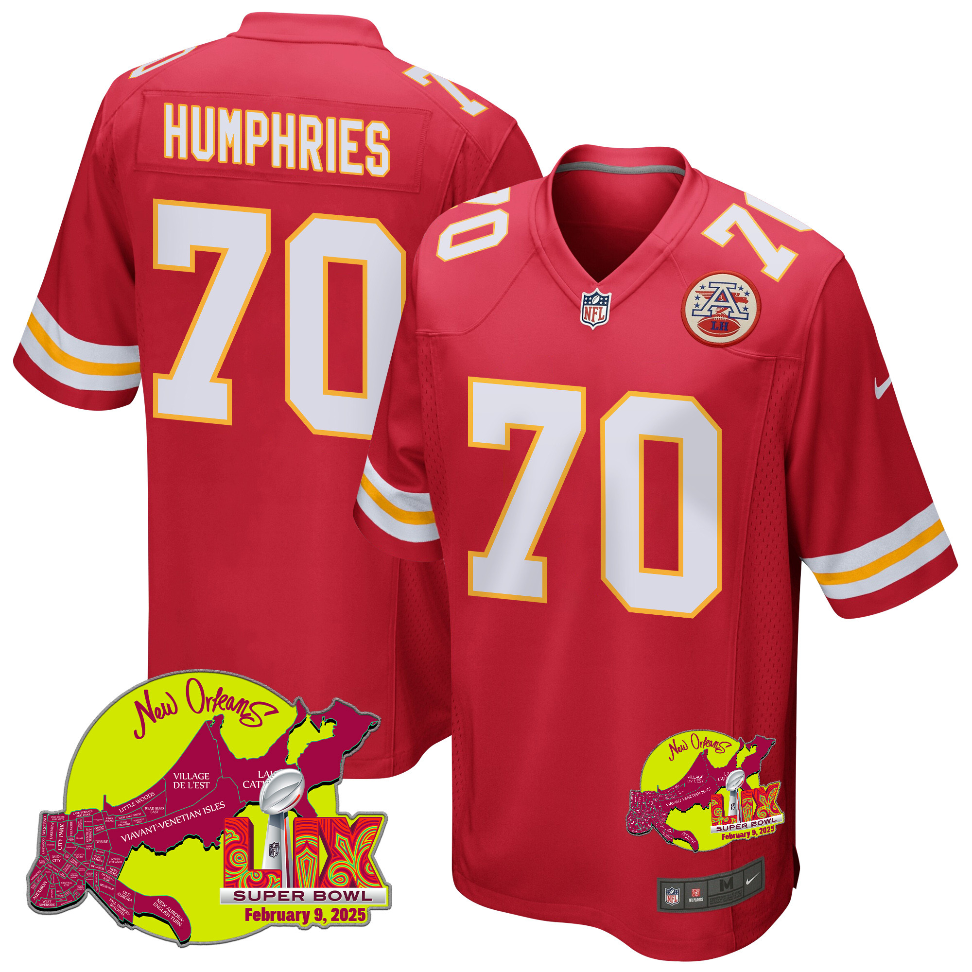 D.J. Humphries 70 Kansas City Chiefs Super Bowl LIX New Orleans Patch Game Men Jersey - Red - JS179