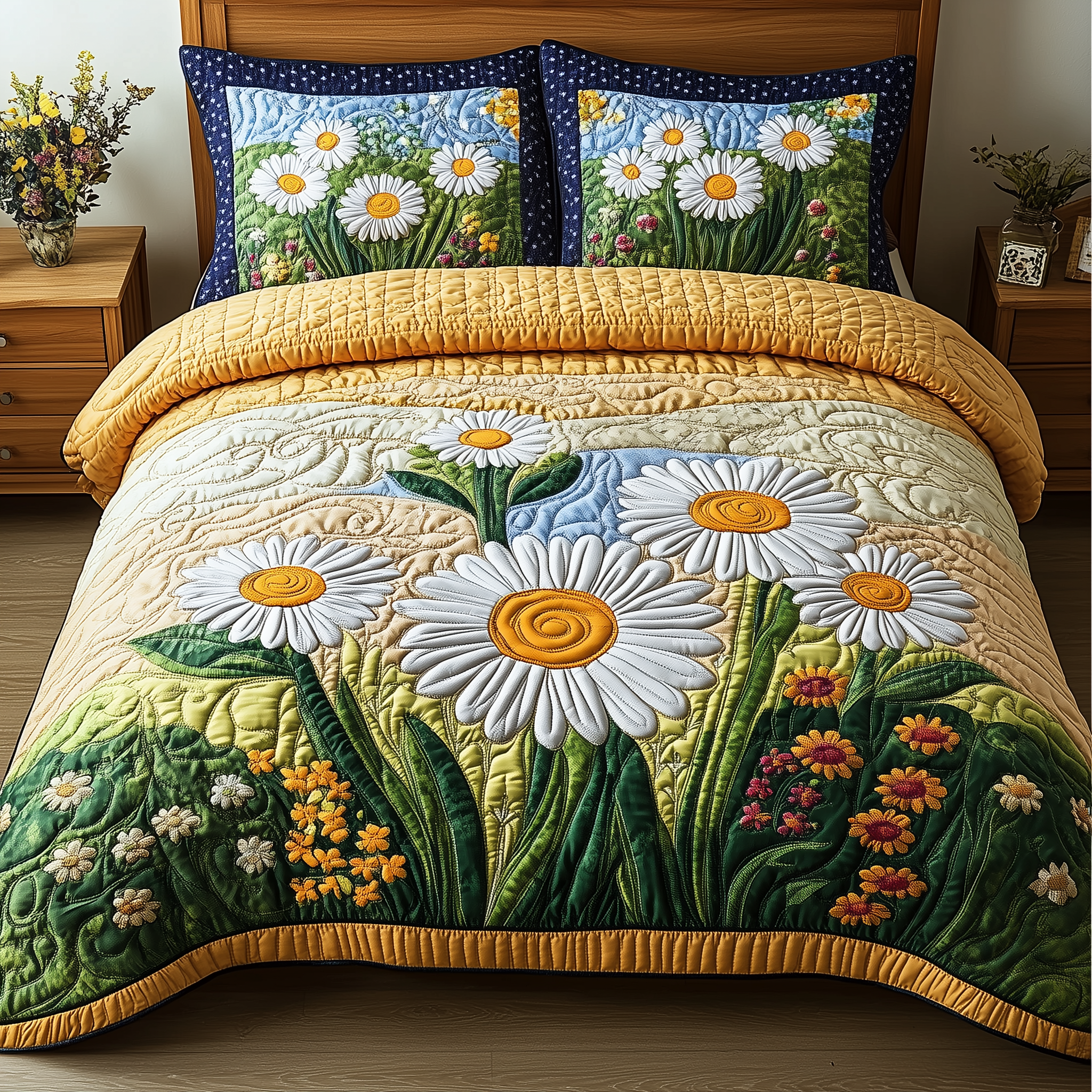 Daisy Garden Quilted Bedding Set Great Duvet Cover Bedspread Set Mother's Day Gifts For Elderly