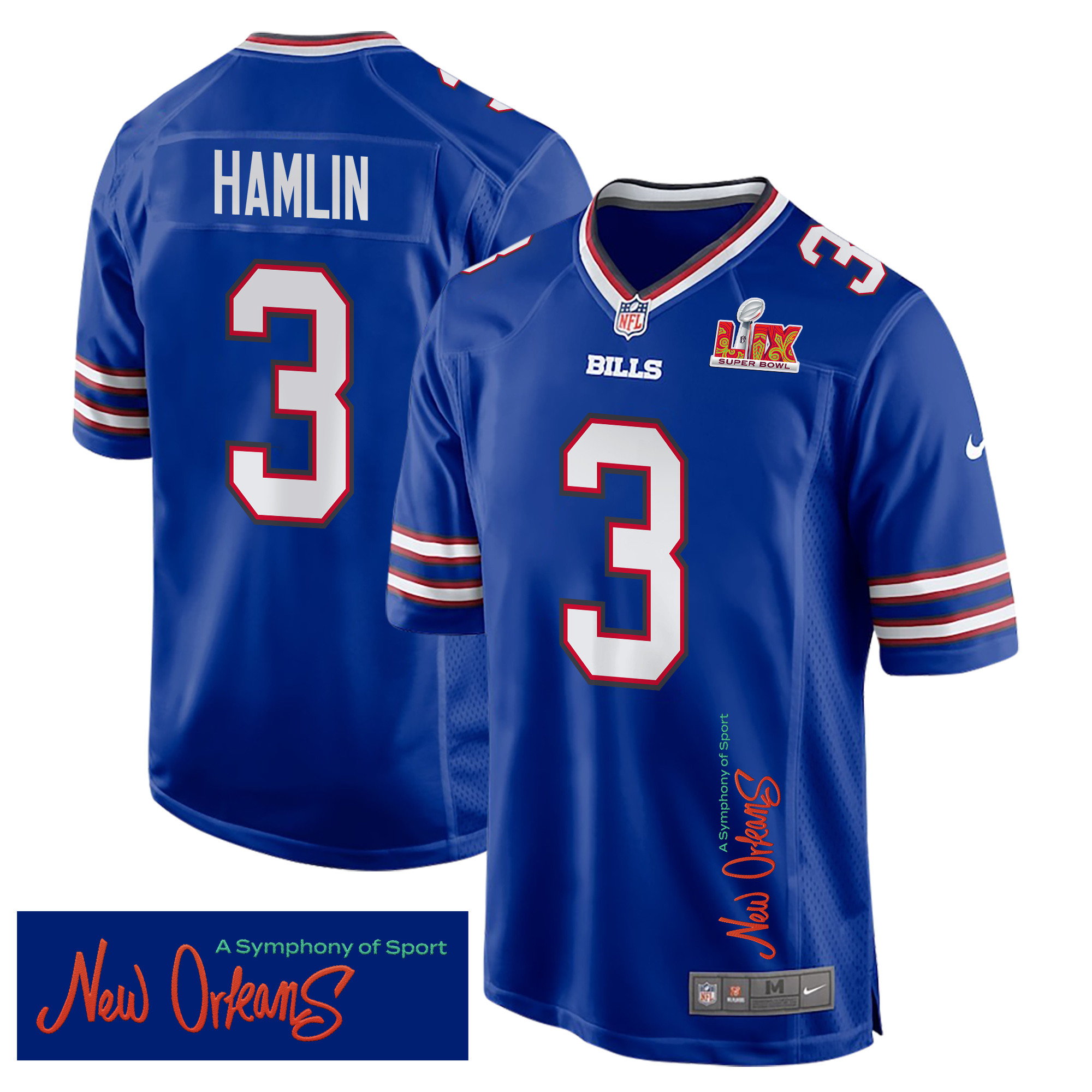 Damar Hamlin 3 Buffalo Bills Super Bowl LIX 'New Orleans - A Symphony of Sport' EMBROIDERED Game Men Jersey - Royal - JS876