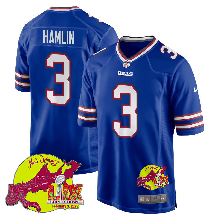 Damar Hamlin 3 Buffalo Bills Super Bowl LIX New Orleans Patch Game Men Jersey - Royal - JS166