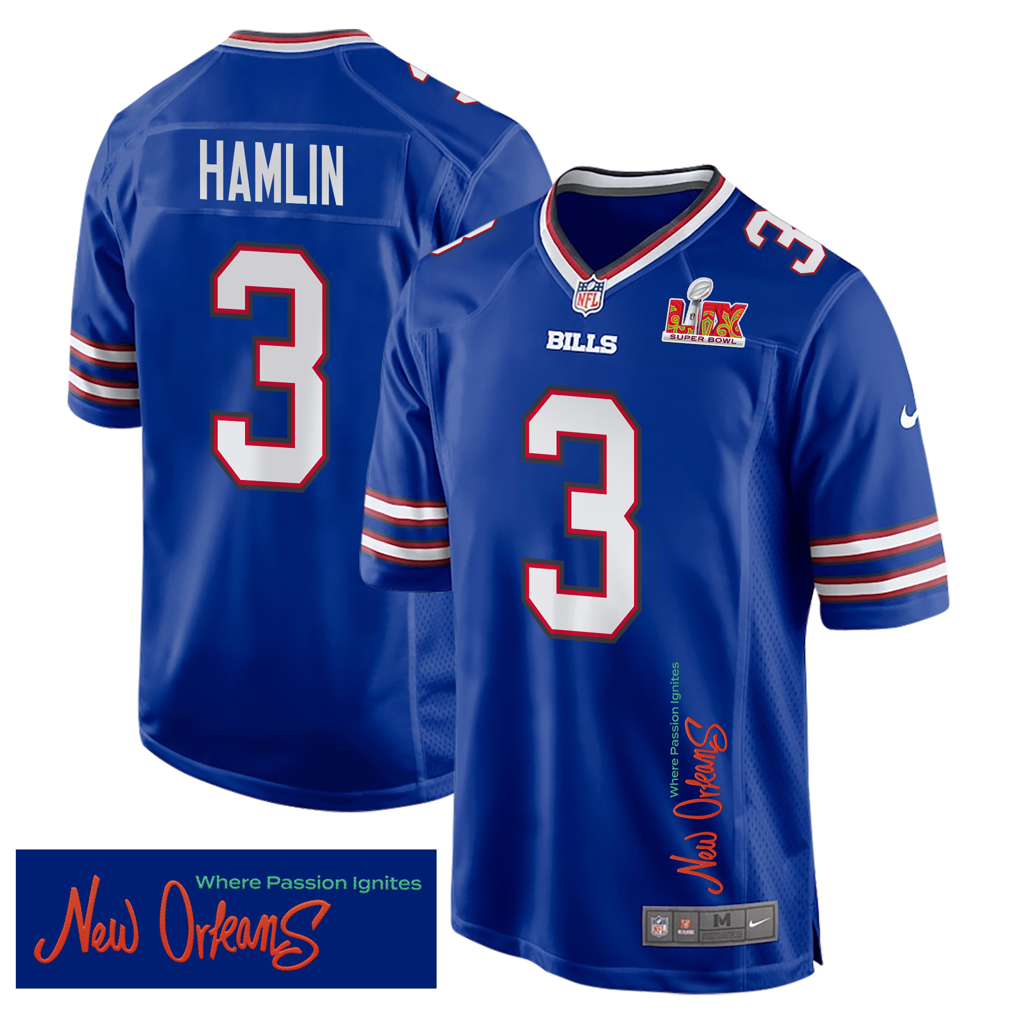 Damar Hamlin 3 Buffalo Bills Super Bowl LIX 'New Orleans - Where Passion Ignites' EMBROIDERED Game Men Jersey - Royal - JS610