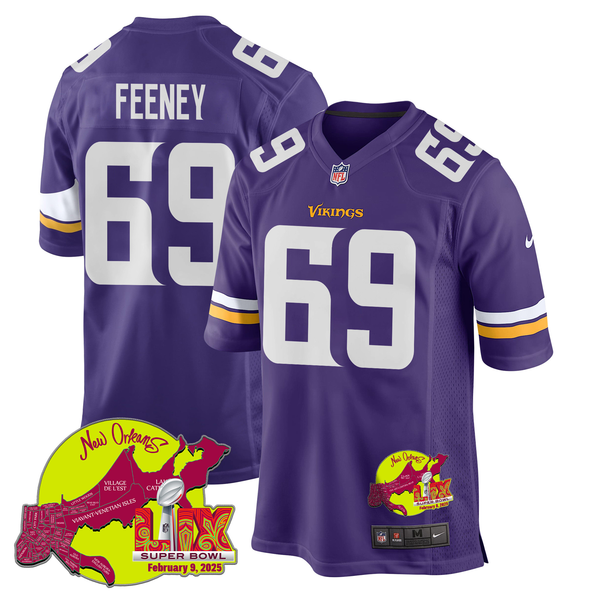 Dan Feeney 69 Minnesota Vikings Super Bowl LIX New Orleans Patch Game Men Jersey - Purple - JS207