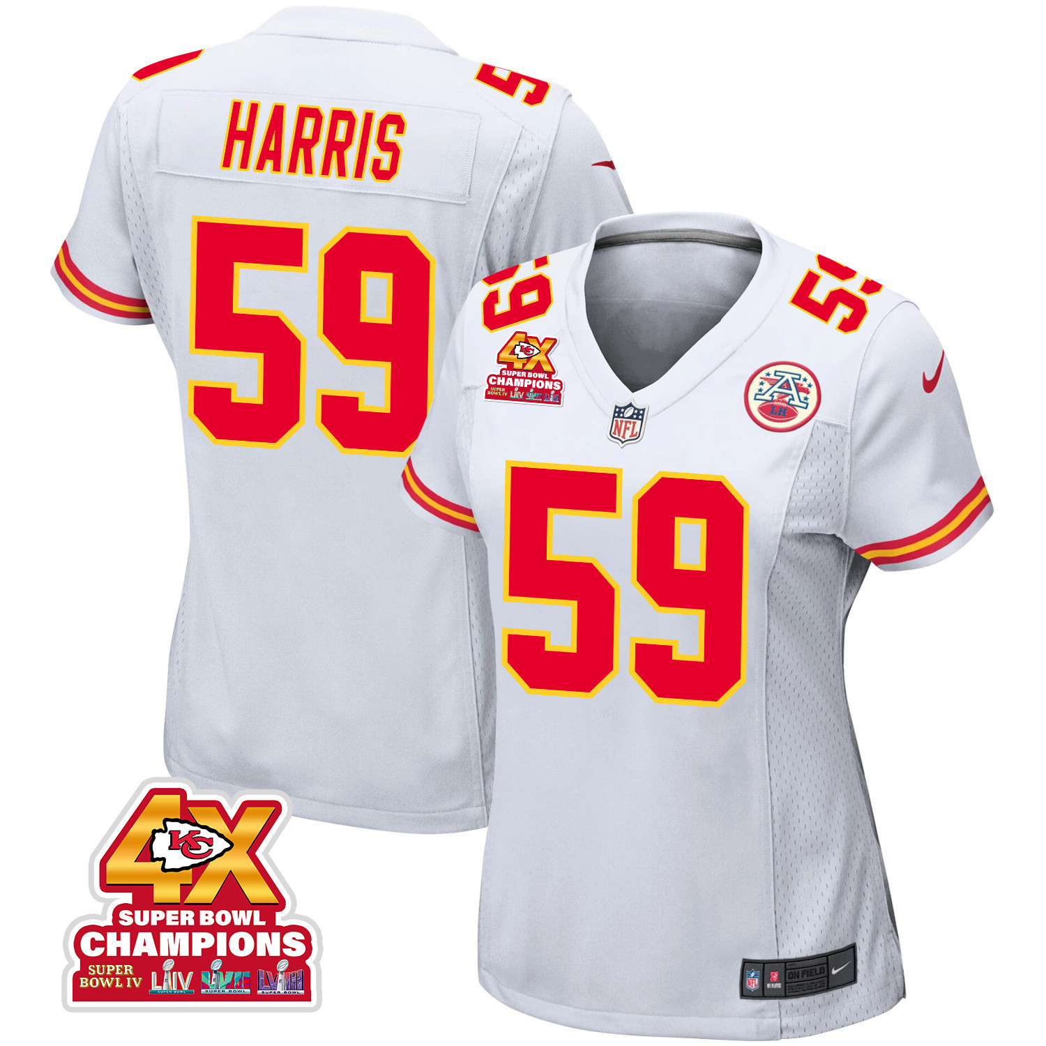 Darius Harris 59 Kansas City Chiefs Super Bowl LVIII Champions 4X Game Women Jersey - White - JSDV930