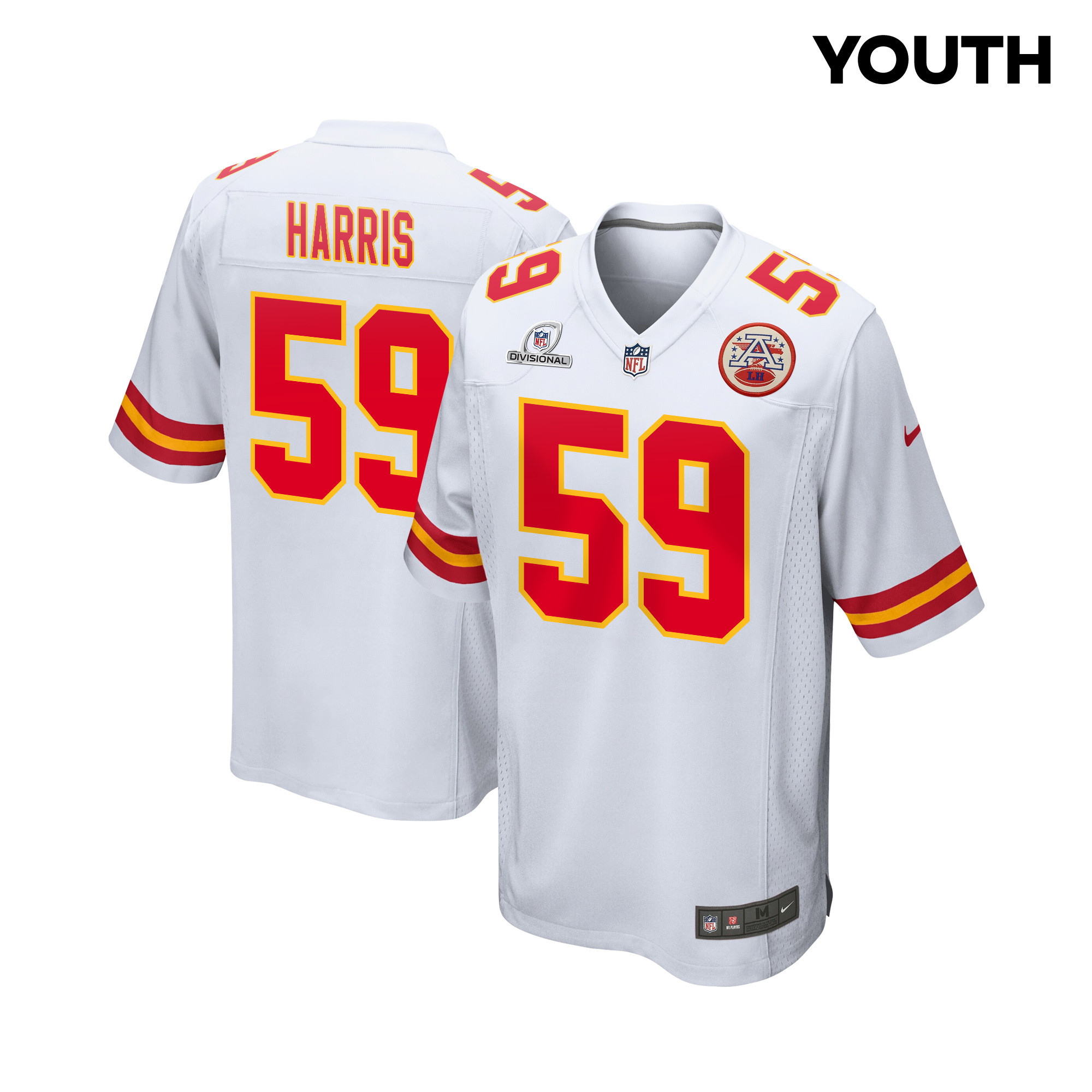 Darius Harris 59 Kansas City Chiefs Super Bowl LVIII Patch Game YOUTH Jersey - White - JSDV453