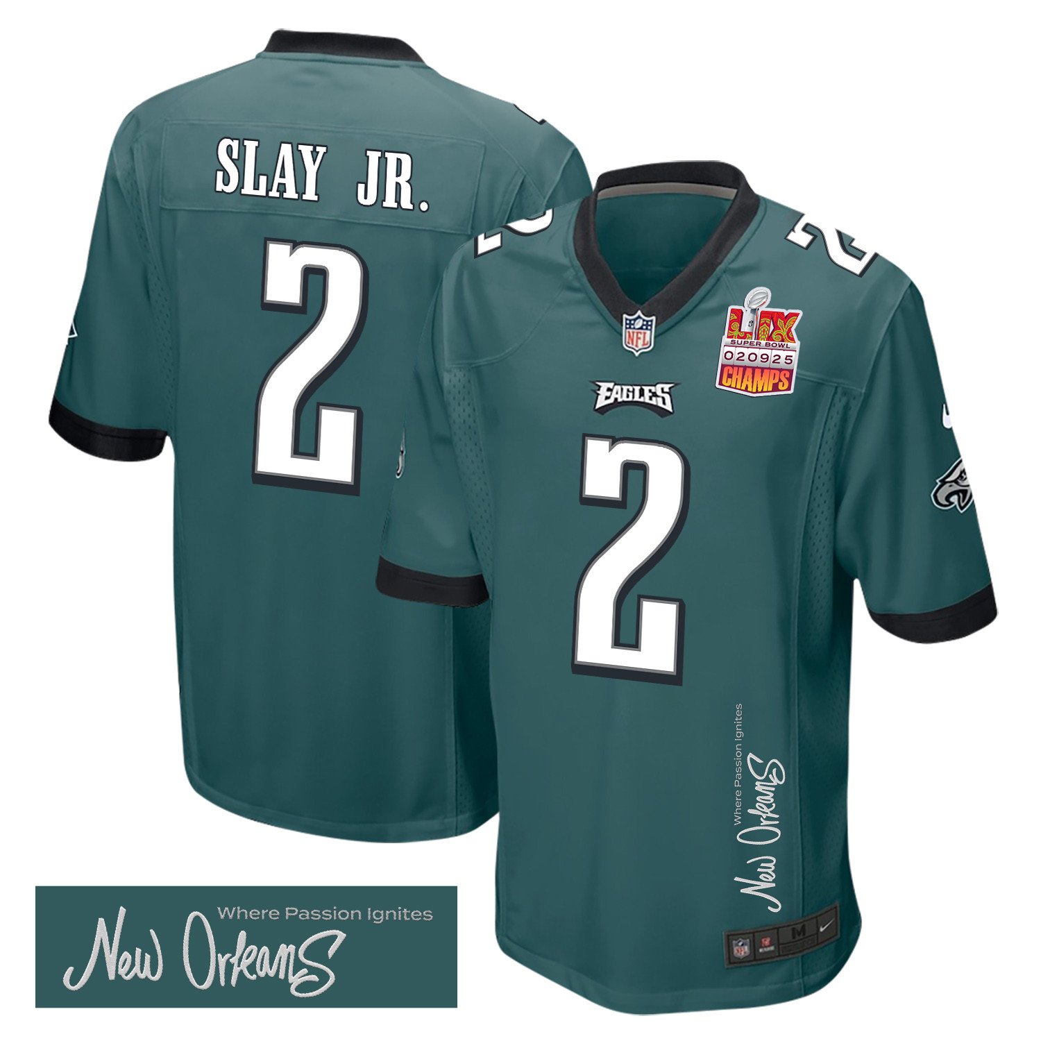 Darius Slay Jr. 2 Philadelphia Eagles Super Bowl LIX Champions Patch 'New Orleans - Where Passion Ignites' EMBROIDERED Game Men Jersey - Midnight Green - JS994