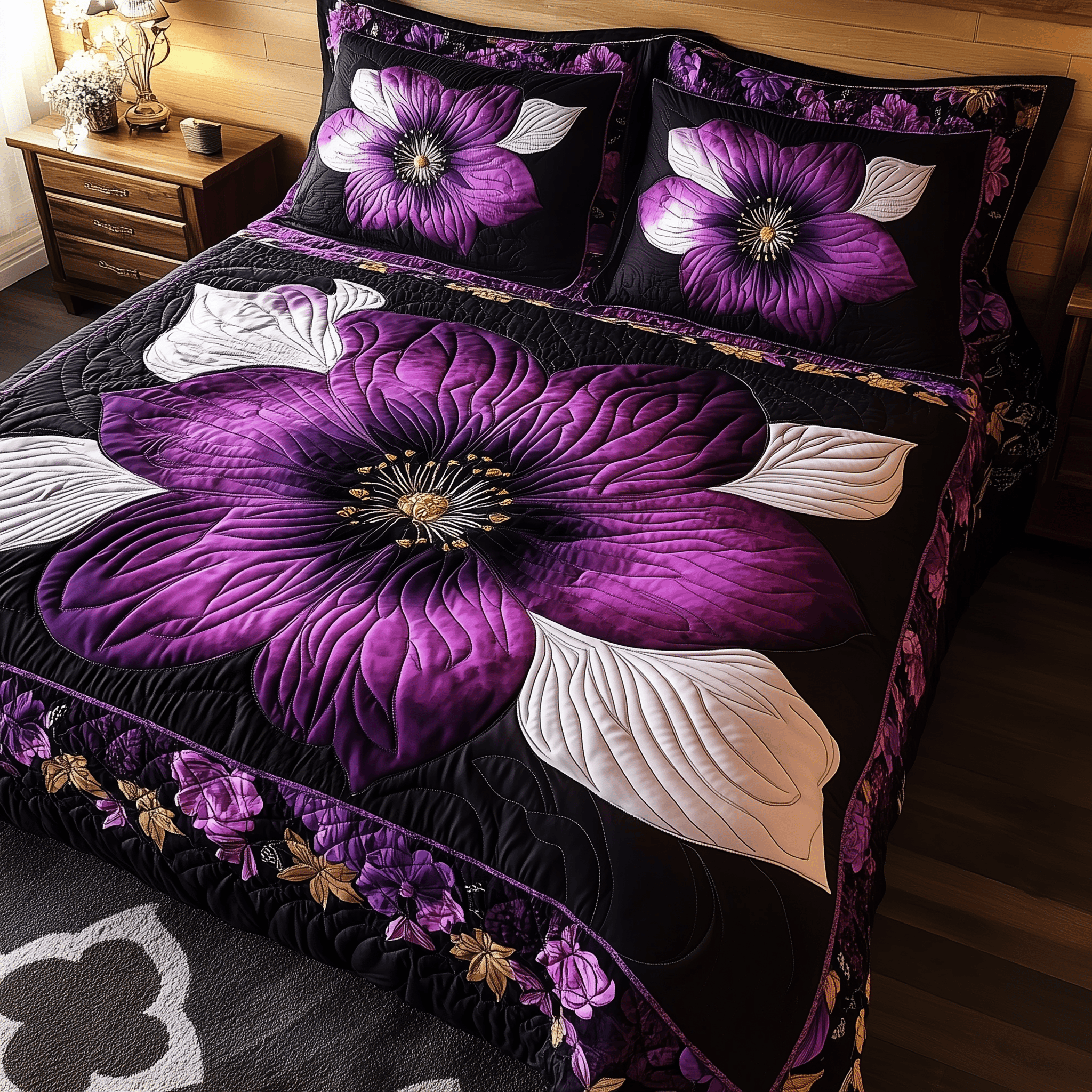 Dark Purple Flower Quilted Bedding Set Best Mothers Day Duvet Cover Set Gift Ideas For Him