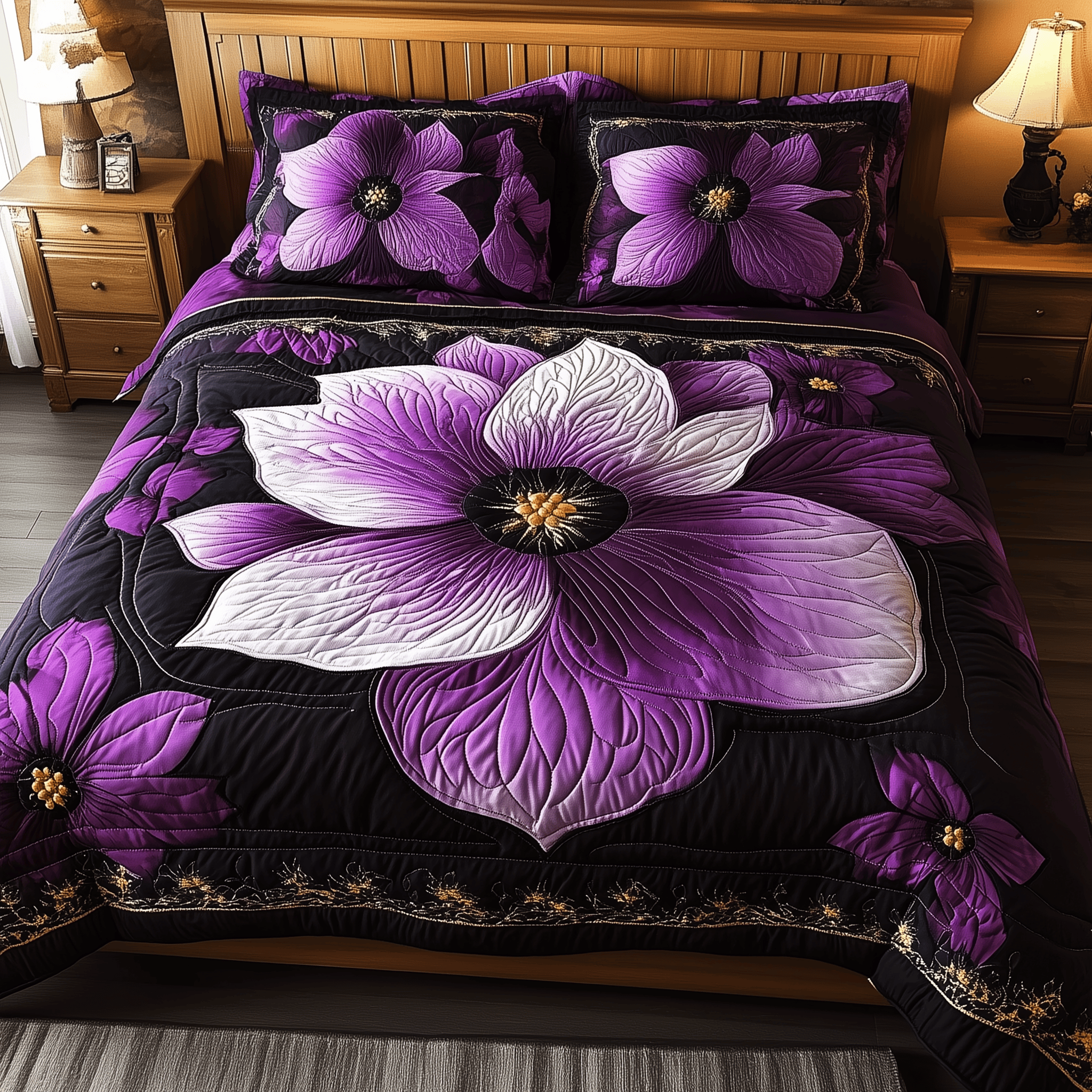 Dark Purple Flower Quilted Bedding Set Best Mothers Day Duvet Cover Set Gift Ideas For Son
