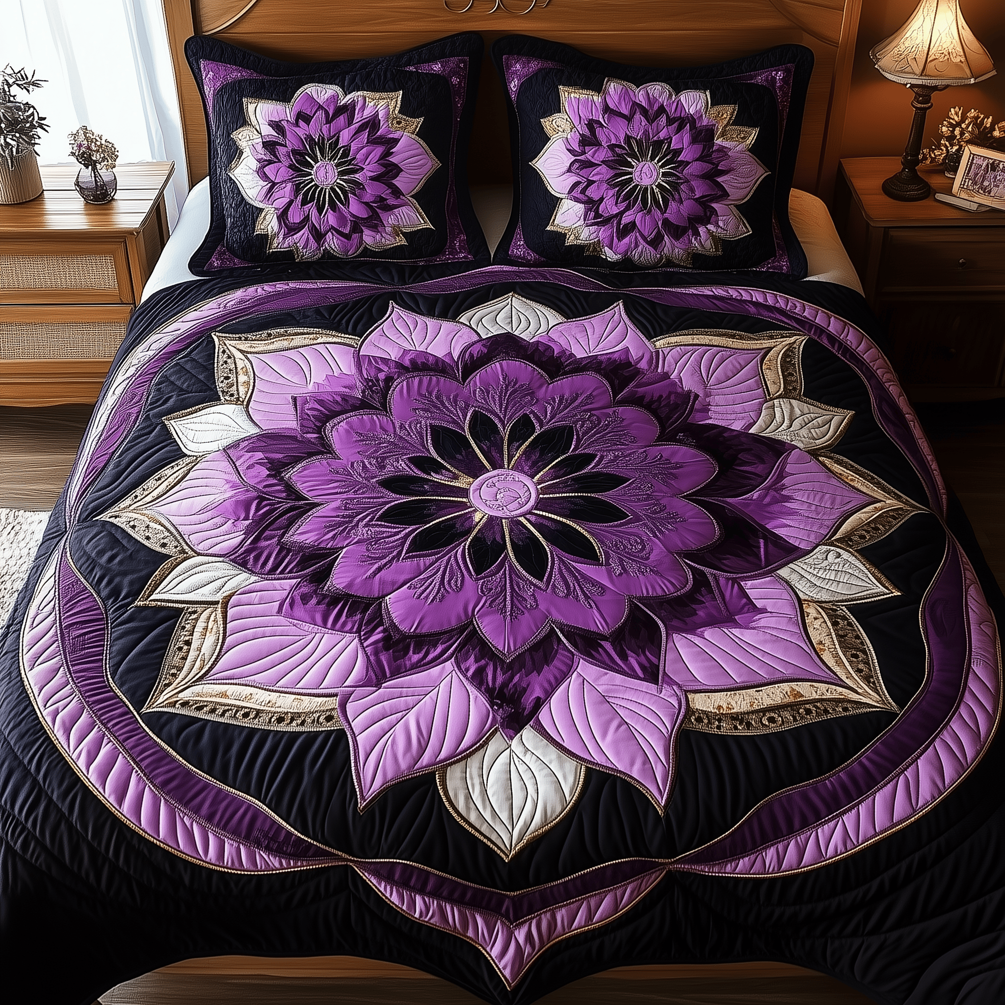 Dark Purple Flower Quilted Bedding Set Best Mothers Day Duvet Cover Set Gift Ideas For Son In Law