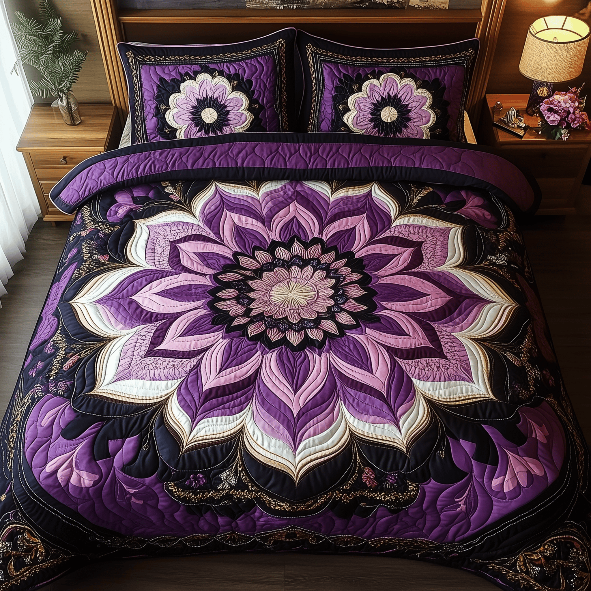 Dark Purple Flower Quilted Bedding Set Best Mothers Day Duvet Cover Set Gift Ideas For Wife