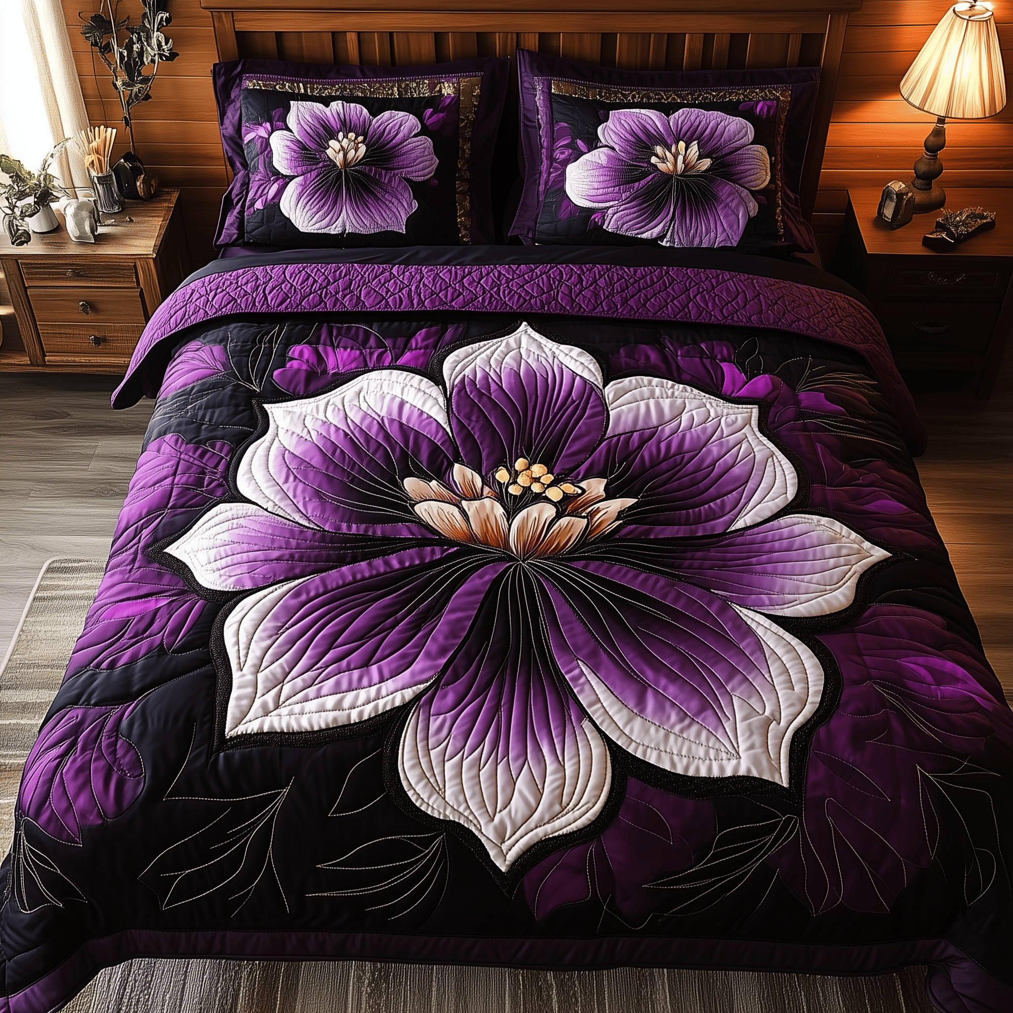 Dark Purple Flower Quilted Bedding Set Best Mothers Day Duvet Cover Set Gifts For My Son