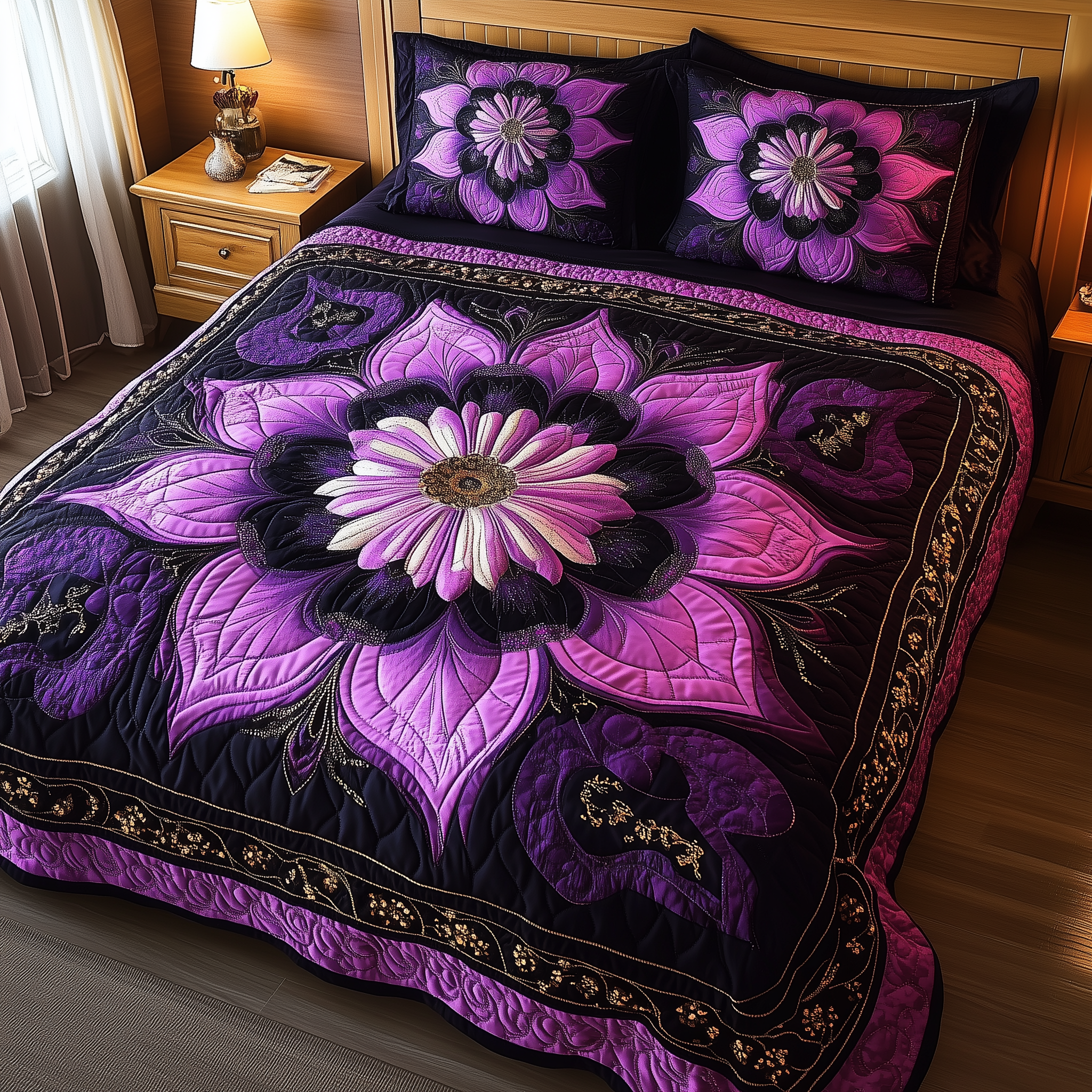 Dark Purple Flower Quilted Bedding Set Best Mothers Day Duvet Cover Set Gifts For Sons Girlfriend