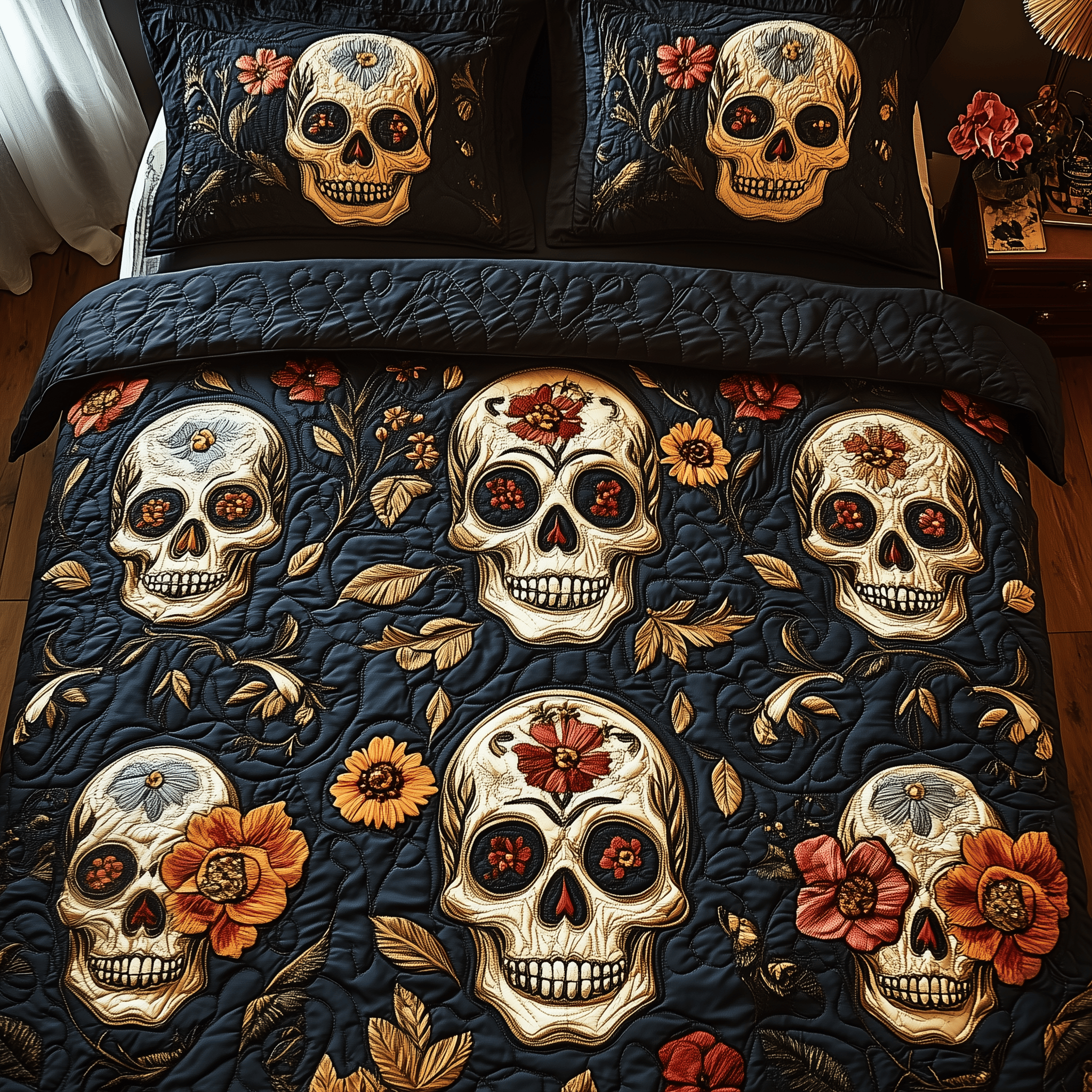 Dark Skull Bouquet Quilted Bedding Set Best Father's Day Duvet Cover Set Skull Gifts For Her